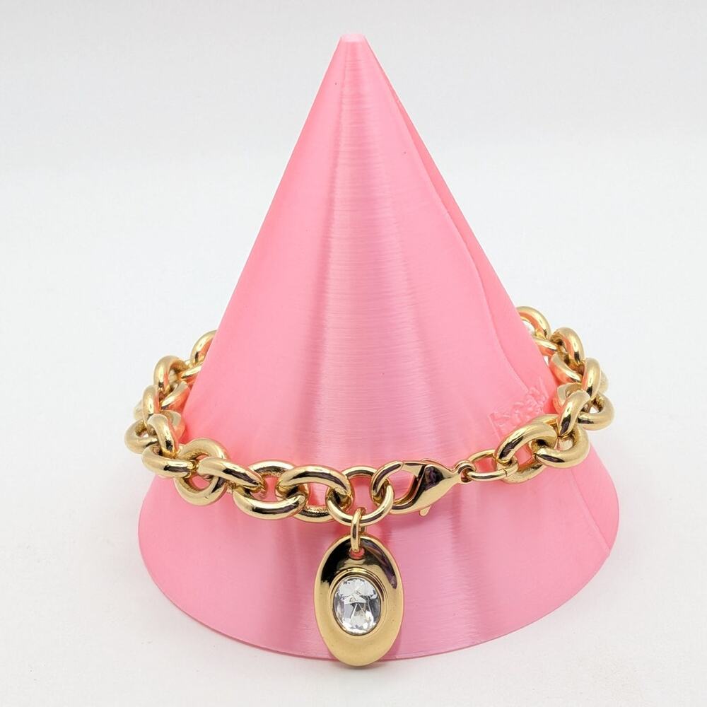 Gold Tone Chunky Chain Bracelet Women's 7.25 Clear Rhinestone Oval Charm Dangle